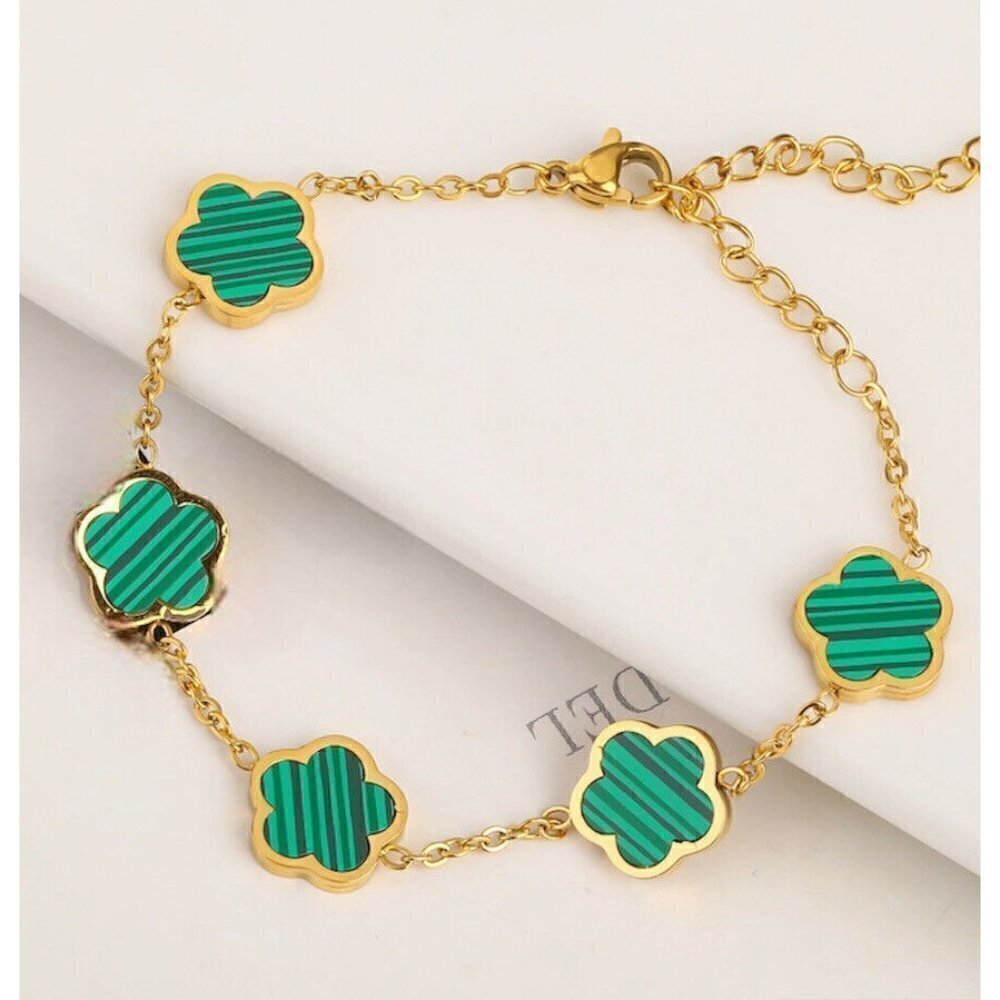 18K Gold Plated GREEN Clover Bracelet 5 Petals stainless steel Womens jewelry